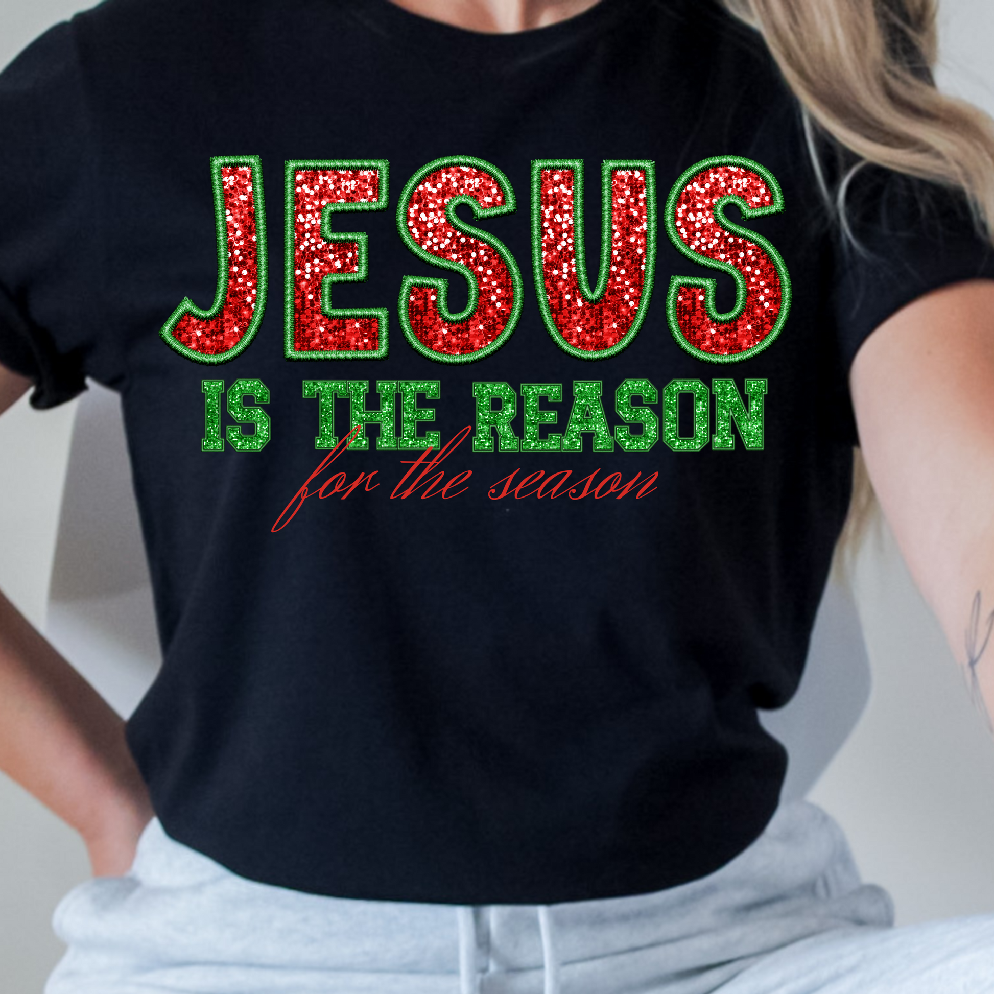 Faux Sequins Jesus Is The Reason For the Season Christmas Shirt