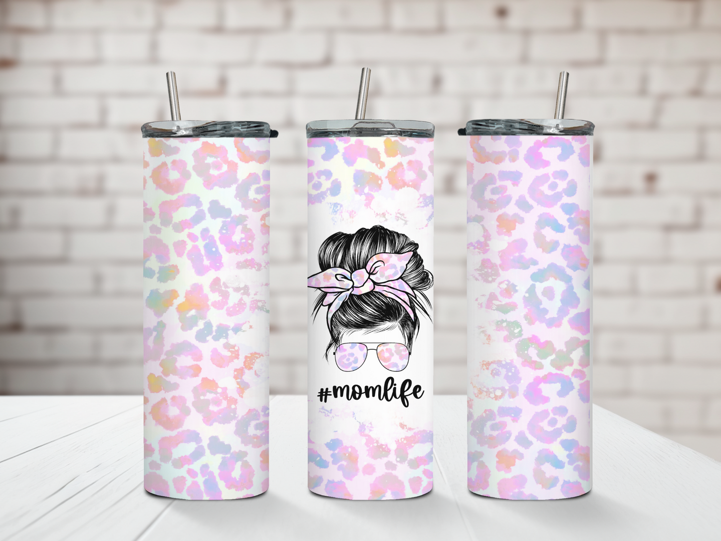 Vaso Mom Life con estampado de leopardo en colores pastel