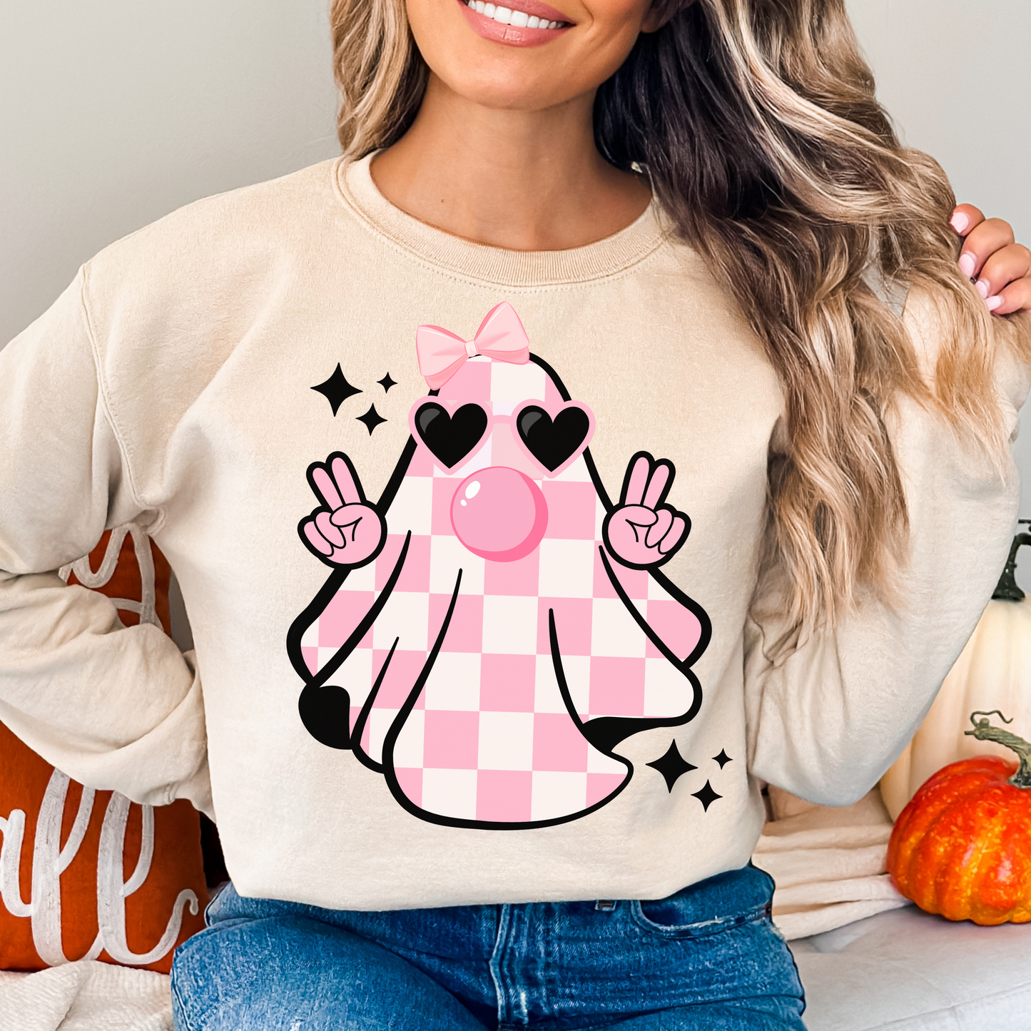 Retro Pink Checkered Bubble Blowing Ghost Sweatshirt