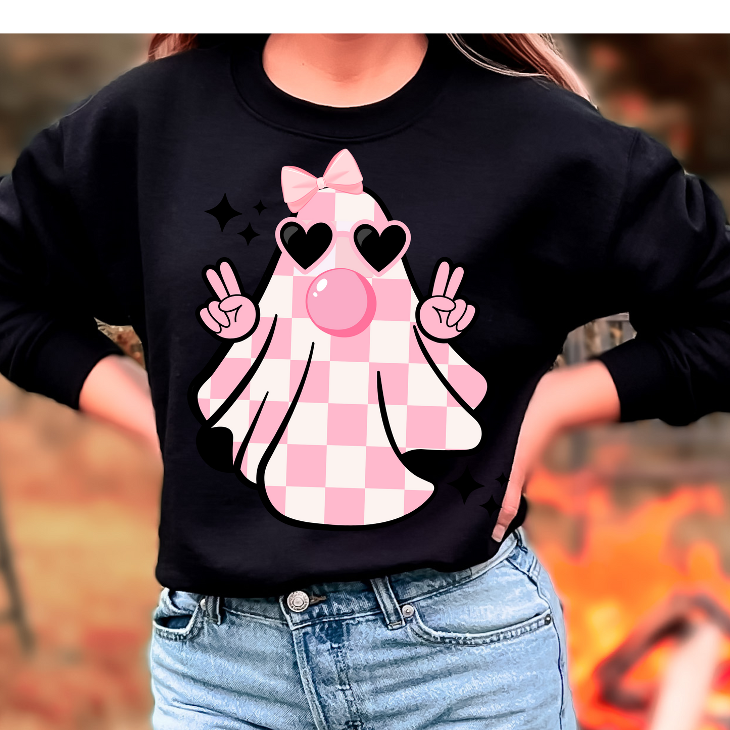 Retro Pink Checkered Bubble Blowing Ghost Sweatshirt