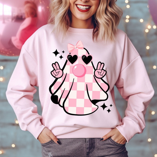 Retro Pink Checkered Bubble Blowing Ghost Sweatshirt