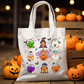 Nostalgic Halloween tote bag featuring cute chicken nugget characters dressed in Halloween costumes. Customizable with a name or message, perfect for trick-or-treating or everyday use.