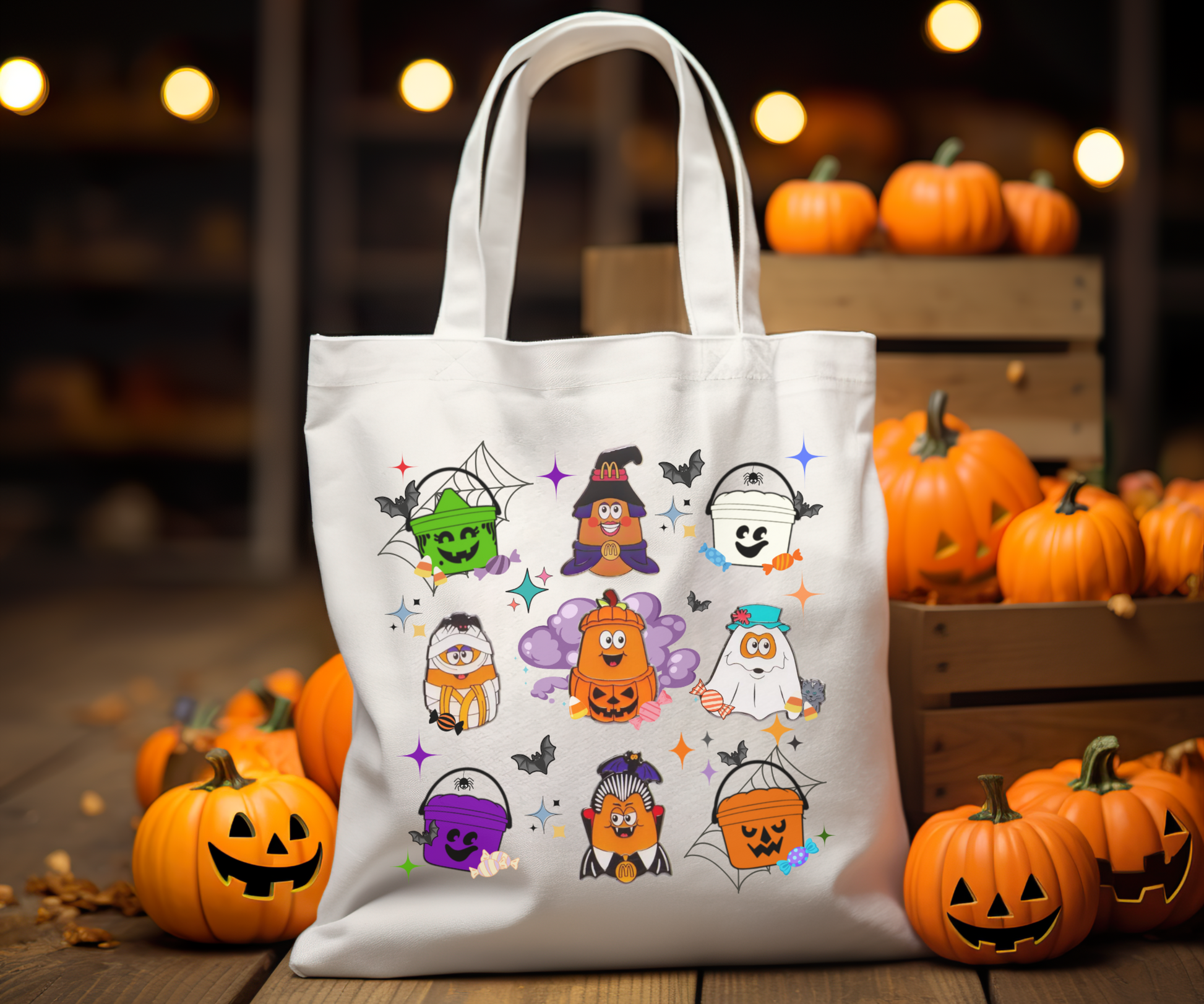 Nostalgic Halloween tote bag featuring cute chicken nugget characters dressed in Halloween costumes. Customizable with a name or message, perfect for trick-or-treating or everyday use.