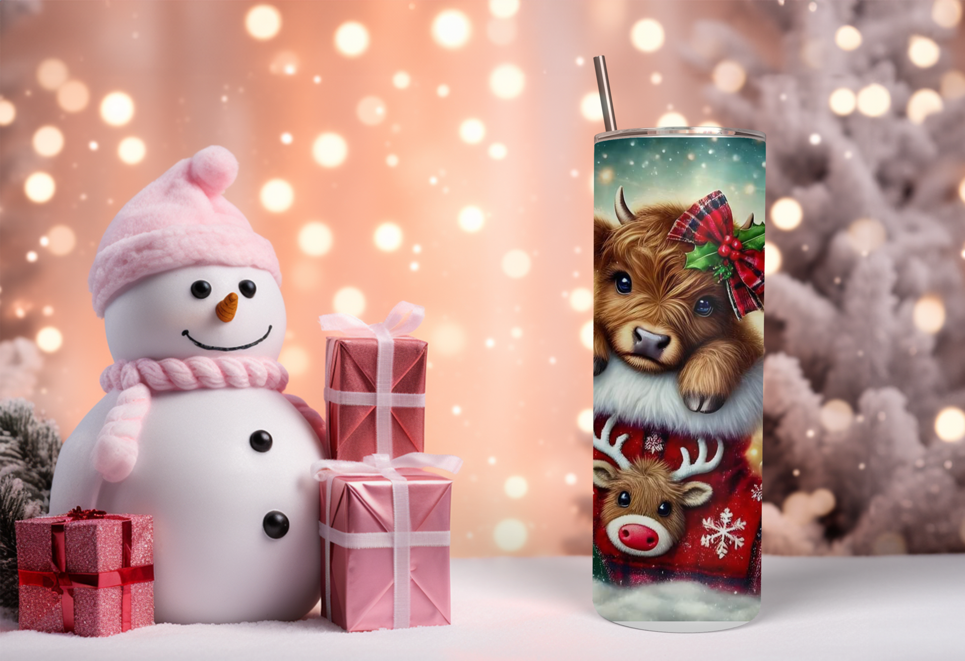 Holiday-themed tumbler with a cute Highland cow wearing a plaid bow, nestled in a stocking, surrounded by gifts, Christmas ornaments, and festive greenery.