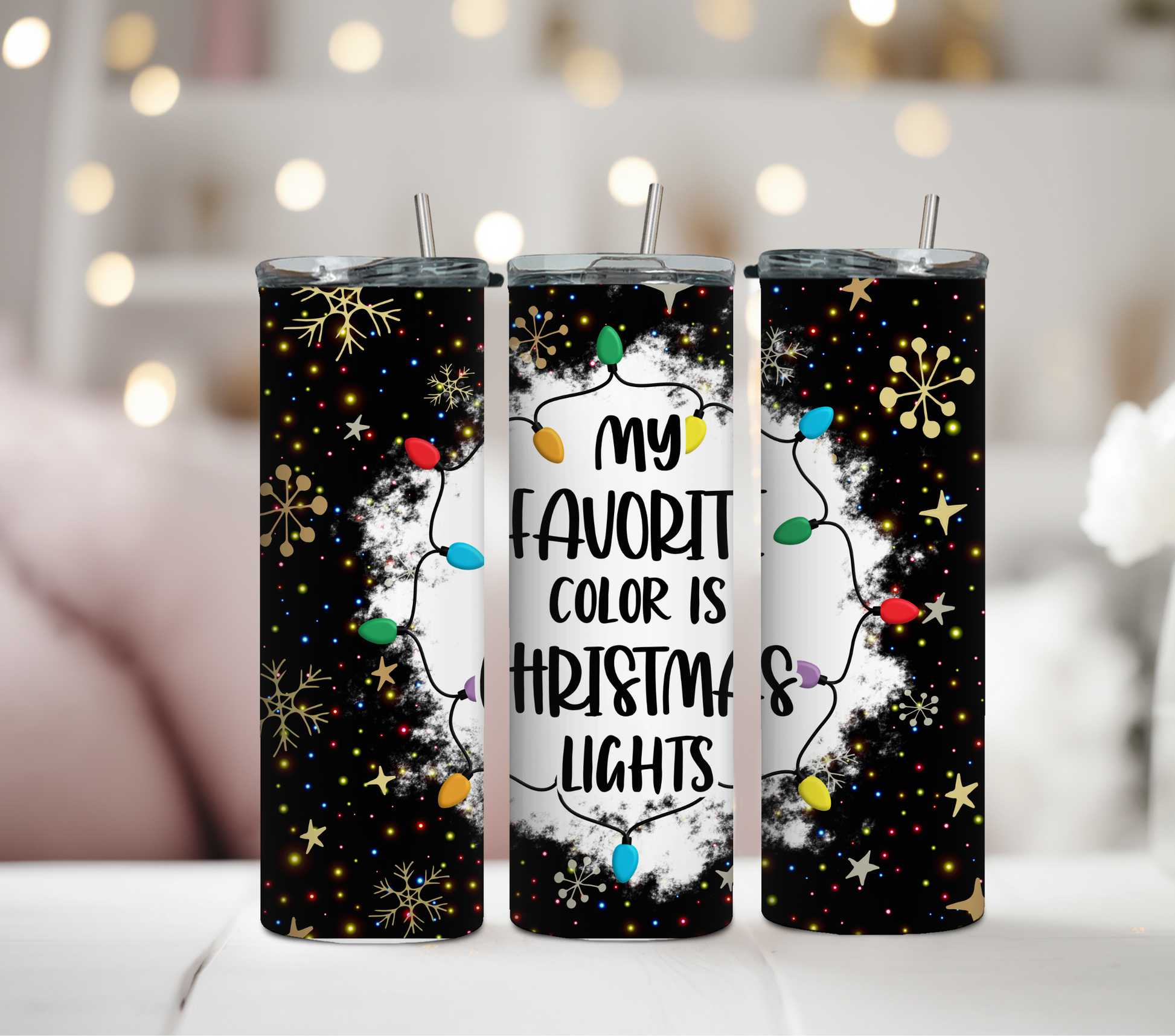 Christmas lights tumbler with snowflakes and "My Favorite Color is Christmas Lights" quote, 20oz insulated cup with metal straw, perfect for holiday gifts and daily drinks.