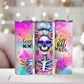 20oz Skinny Tumbler featuring a colorful skeleton with a messy bun, heart-shaped retro sunglasses, and an iced coffee in hand. Bright pink and purple background with the text 'Good Moms Say Bad Words.' Stainless steel tumbler with double-wall vacuum insulation, perfect for keeping drinks hot or cold. Ideal for moms with bold, playful personalities and love for retro vibes.