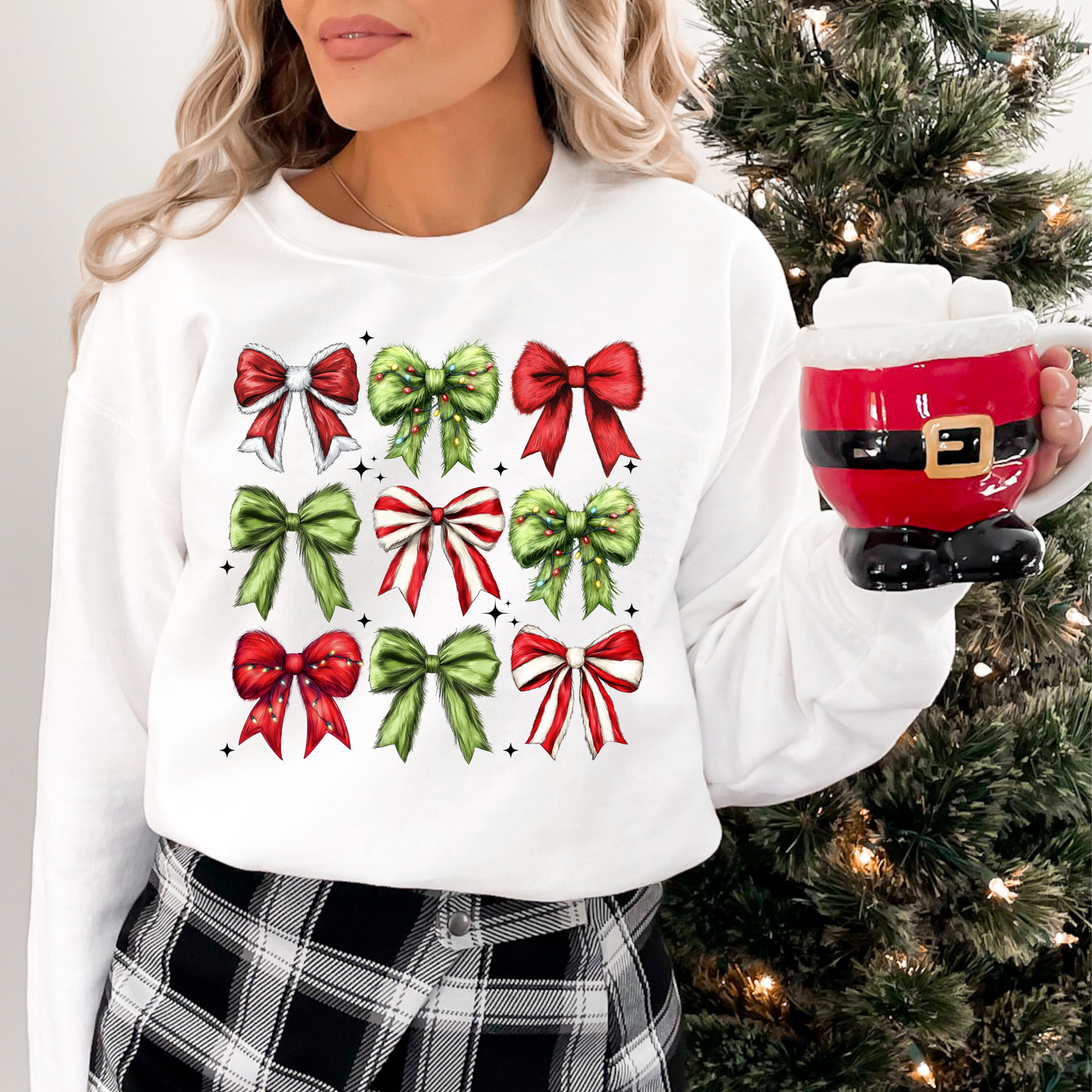 Coquette bows Christmas sweatshirt, festive holiday sweatshirt, cute Christmas bows, trendy holiday apparel, cozy winter top, Christmas clothing, holiday graphic sweatshirt, festive fashion, Christmas gift idea, seasonal outfit.