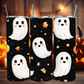 20oz Cute Ghost Tumbler with Black Background. Features a playful ghost design on a sleek black tumbler. Stainless steel construction with double-wall vacuum insulation to keep beverages hot or cold. Includes a spill-proof lid and reusable straw. Perfect for Halloween parties, fall activities, and everyday spooky fun. Stylish and functional drinkware for Halloween enthusiasts.