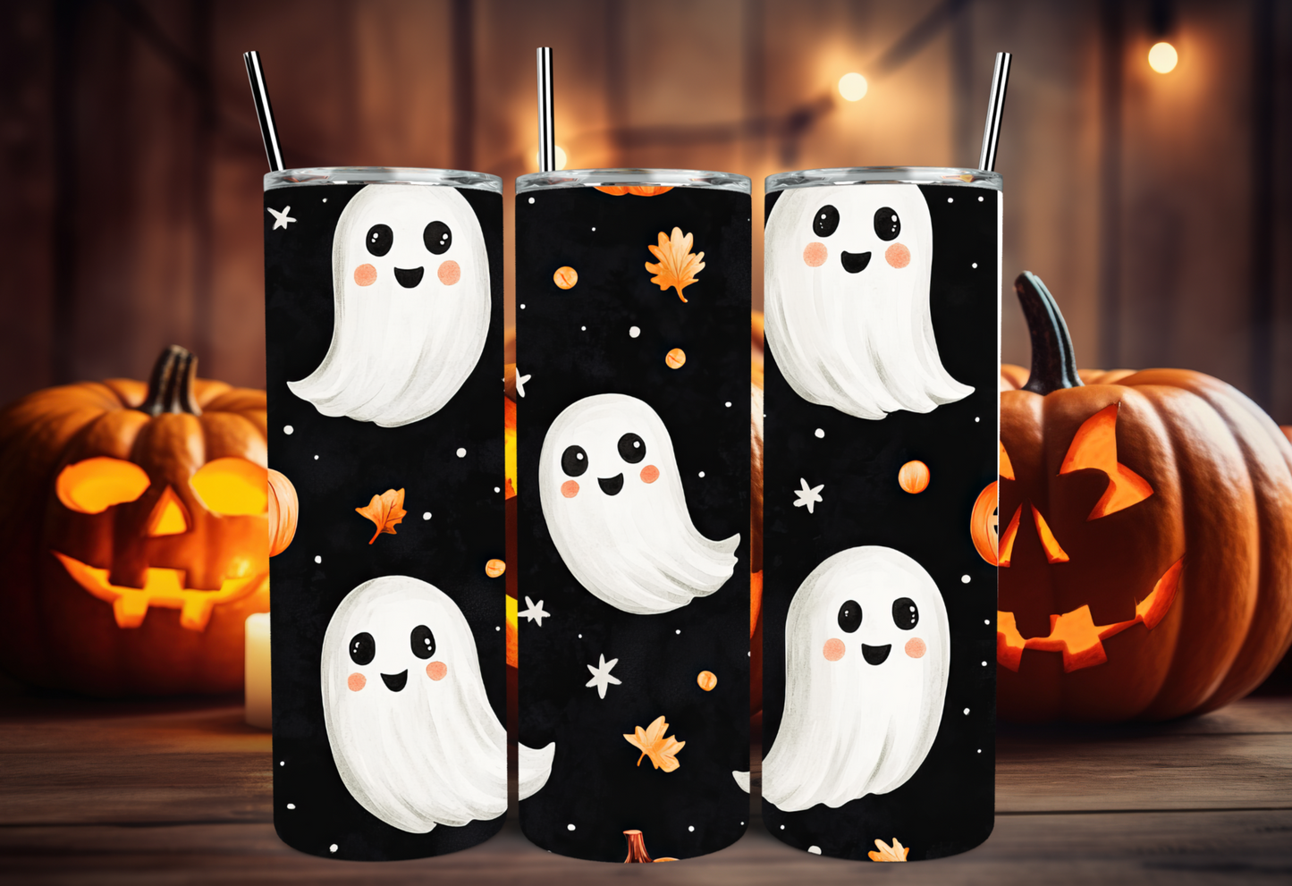 20oz Cute Ghost Tumbler with Black Background. Features a playful ghost design on a sleek black tumbler. Stainless steel construction with double-wall vacuum insulation to keep beverages hot or cold. Includes a spill-proof lid and reusable straw. Perfect for Halloween parties, fall activities, and everyday spooky fun. Stylish and functional drinkware for Halloween enthusiasts.