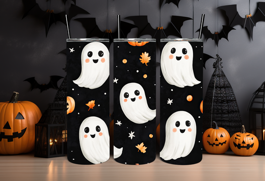 20oz Cute Ghost Tumbler with Black Background. Features a playful ghost design on a sleek black tumbler. Stainless steel construction with double-wall vacuum insulation to keep beverages hot or cold. Includes a spill-proof lid and reusable straw. Perfect for Halloween parties, fall activities, and everyday spooky fun. Stylish and functional drinkware for Halloween enthusiasts.