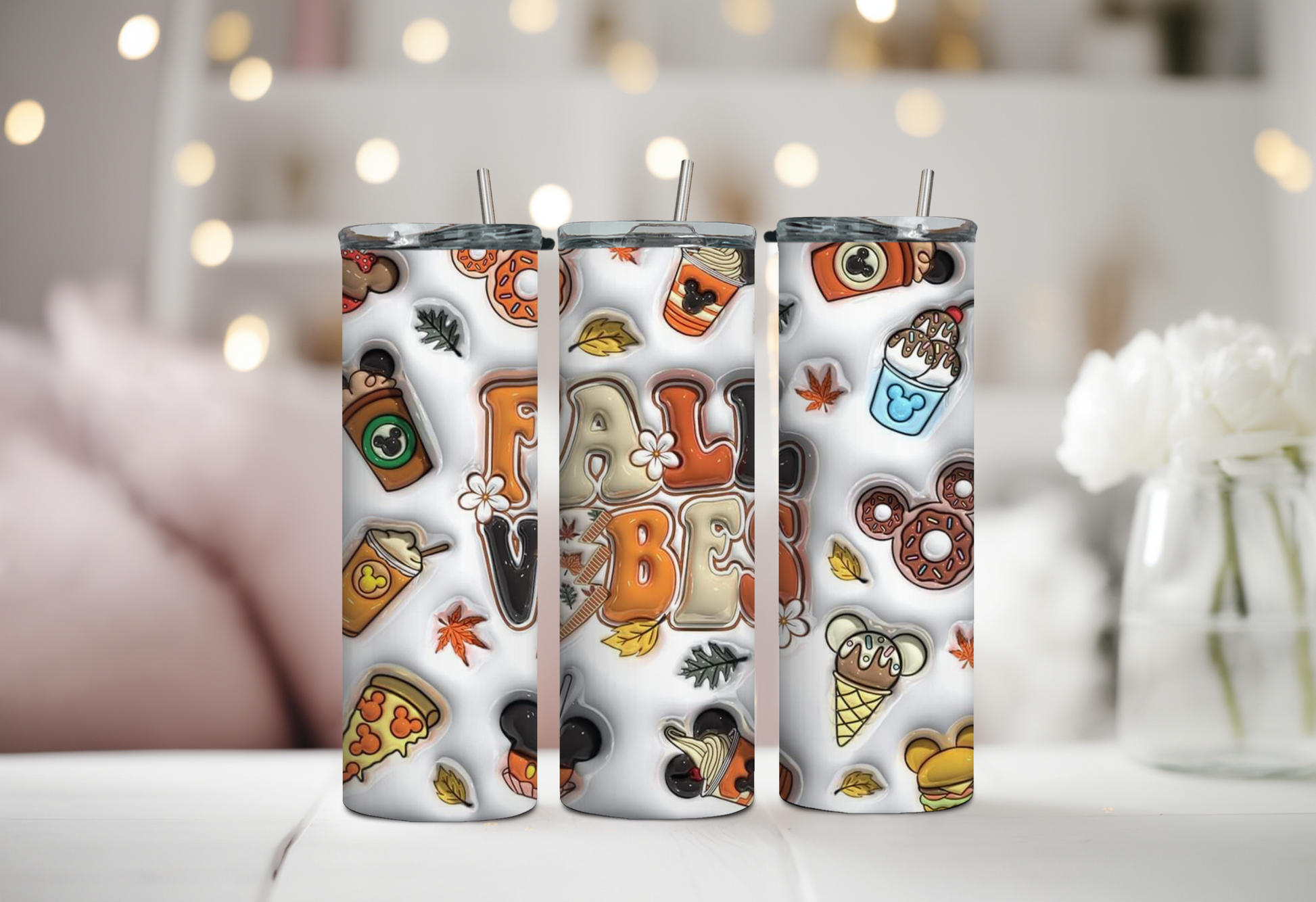 20oz insulated tumbler featuring a whimsical fall-themed design with snack icons and Fall Vibes snack tumbler, 20oz insulated tumbler with ear-shaped designs, Autumn drinkware with iconic snack shapes, Cute snack-themed tumbler for fall lovers, Double-wall insulated fall tumbler, Ear-shaped design tumbler for cozy autumn drinks, Whimsical fall tumbler for hot and cold drinks, Stainless steel tumbler with iconic snack shapes, Fall gifts for snack lovers, Magical fall tumbler for seasonal drinks