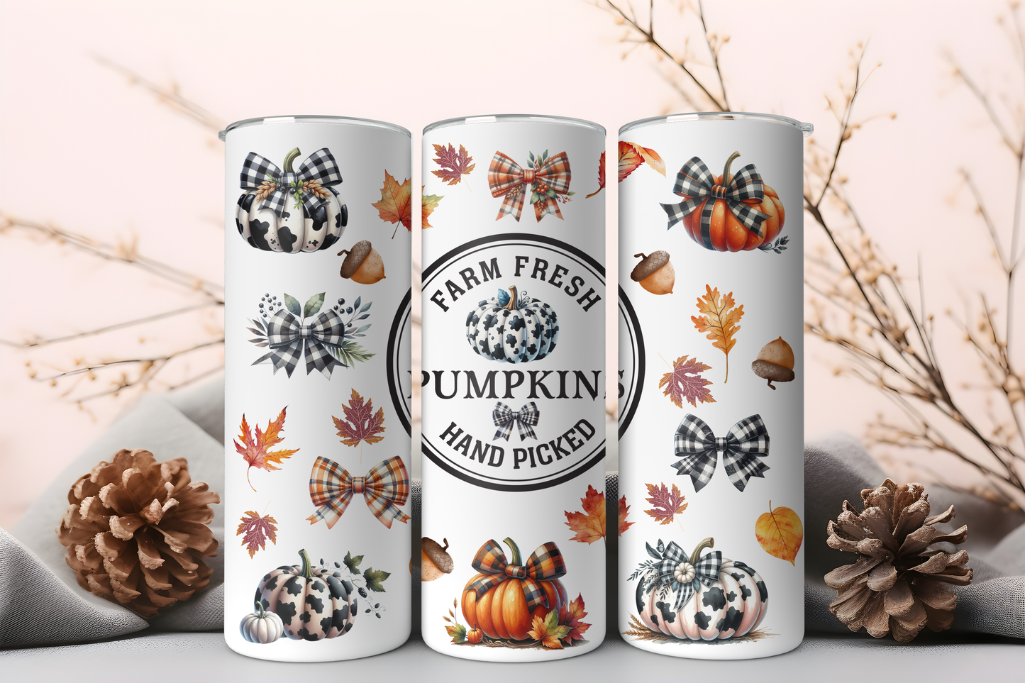 20oz Farm Fresh Pumpkins Tumbler with Handpicked Pumpkin, Acorn, and Buffalo Plaid Bow Design, Perfect for Fall. White stainless steel tumbler featuring a seasonal autumn theme, ideal for hot and cold beverages. Includes reusable straw and spill-proof lid, perfect for pumpkin spice lattes, morning coffee, and fall hikes. Fall-themed drinkware for cozy gatherings and thoughtful gifts. Farmhouse style tumbler with festive acorns and pumpkins design.