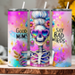 20oz Skinny Tumbler featuring a colorful skeleton with a messy bun, heart-shaped retro sunglasses, and an iced coffee in hand. Bright pink and purple background with the text 'Good Moms Say Bad Words.' Stainless steel tumbler with double-wall vacuum insulation, perfect for keeping drinks hot or cold. Ideal for moms with bold, playful personalities and love for retro vibes.