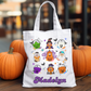 Nostalgic Halloween tote bag featuring cute chicken nugget characters dressed in Halloween costumes. Customizable with a name or message, perfect for trick-or-treating or everyday use.