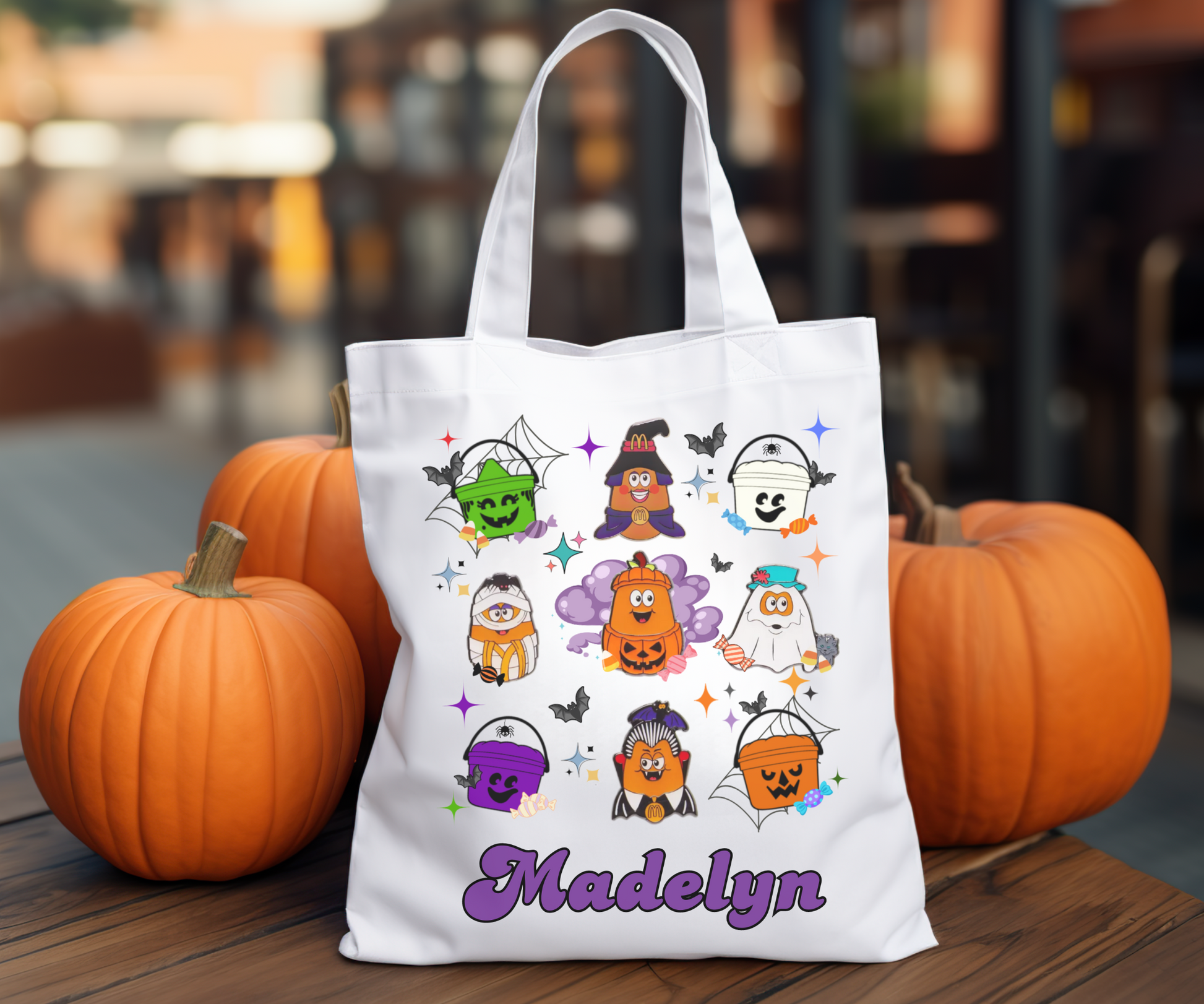 Nostalgic Halloween tote bag featuring cute chicken nugget characters dressed in Halloween costumes. Customizable with a name or message, perfect for trick-or-treating or everyday use.