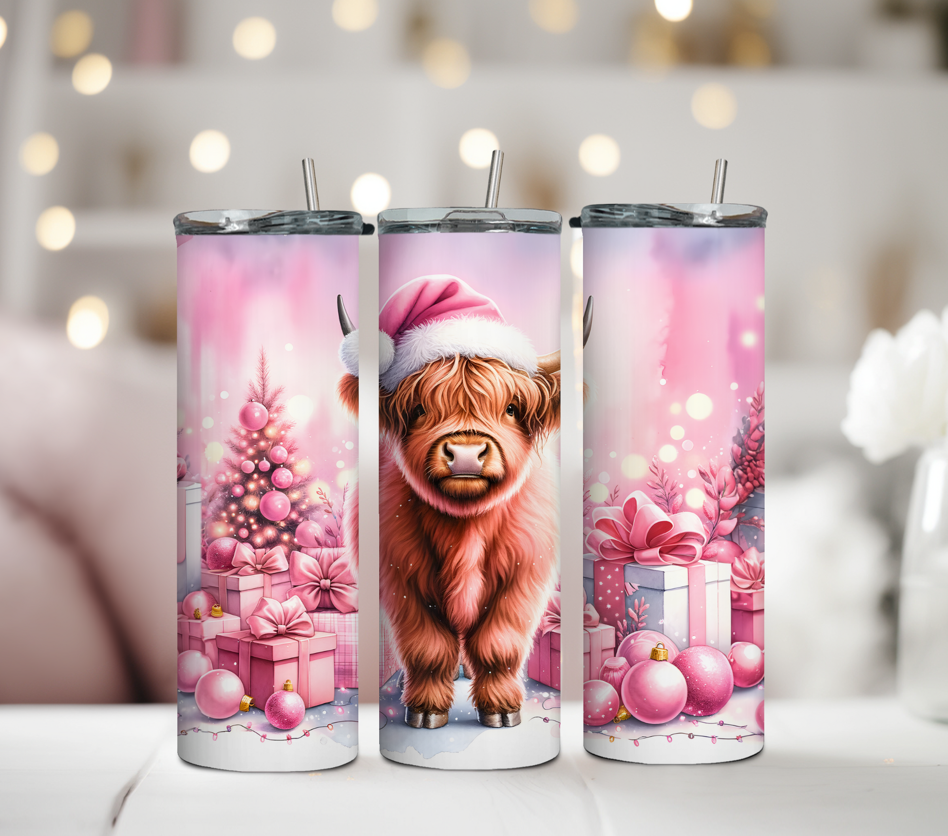 Pink Highland Cow Christmas Tumbler