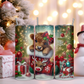 20oz stainless steel tumbler featuring an adorable Highland cow in a Christmas stocking, surrounded by holiday decorations like a Christmas tree, gifts, and ornaments, with a festive plaid bow on the cow's head.