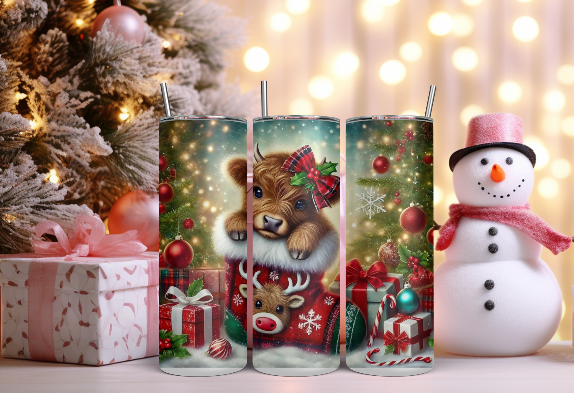 20oz stainless steel tumbler featuring an adorable Highland cow in a Christmas stocking, surrounded by holiday decorations like a Christmas tree, gifts, and ornaments, with a festive plaid bow on the cow's head.