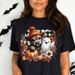 Halloween Buffalo Plaid Highland Cow & Ghost T-Shirt in a farmhouse style with a buffalo plaid headband and a smiling ghost, ideal for fall and Halloween celebrations.