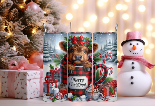 Christmas Highland Cow in a Plaid Coffee Mug. 