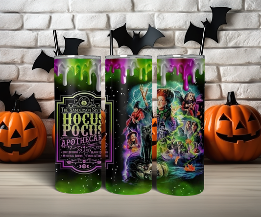 Drippy neon green and purple Halloween tumbler with magical potion theme, Halloween tumbler featuring witches and spooky elements perfect for the season, Stainless steel tumbler with colorful drippy design and magical imagery, 20oz insulated tumbler with enchanting witches, black cats, and potions