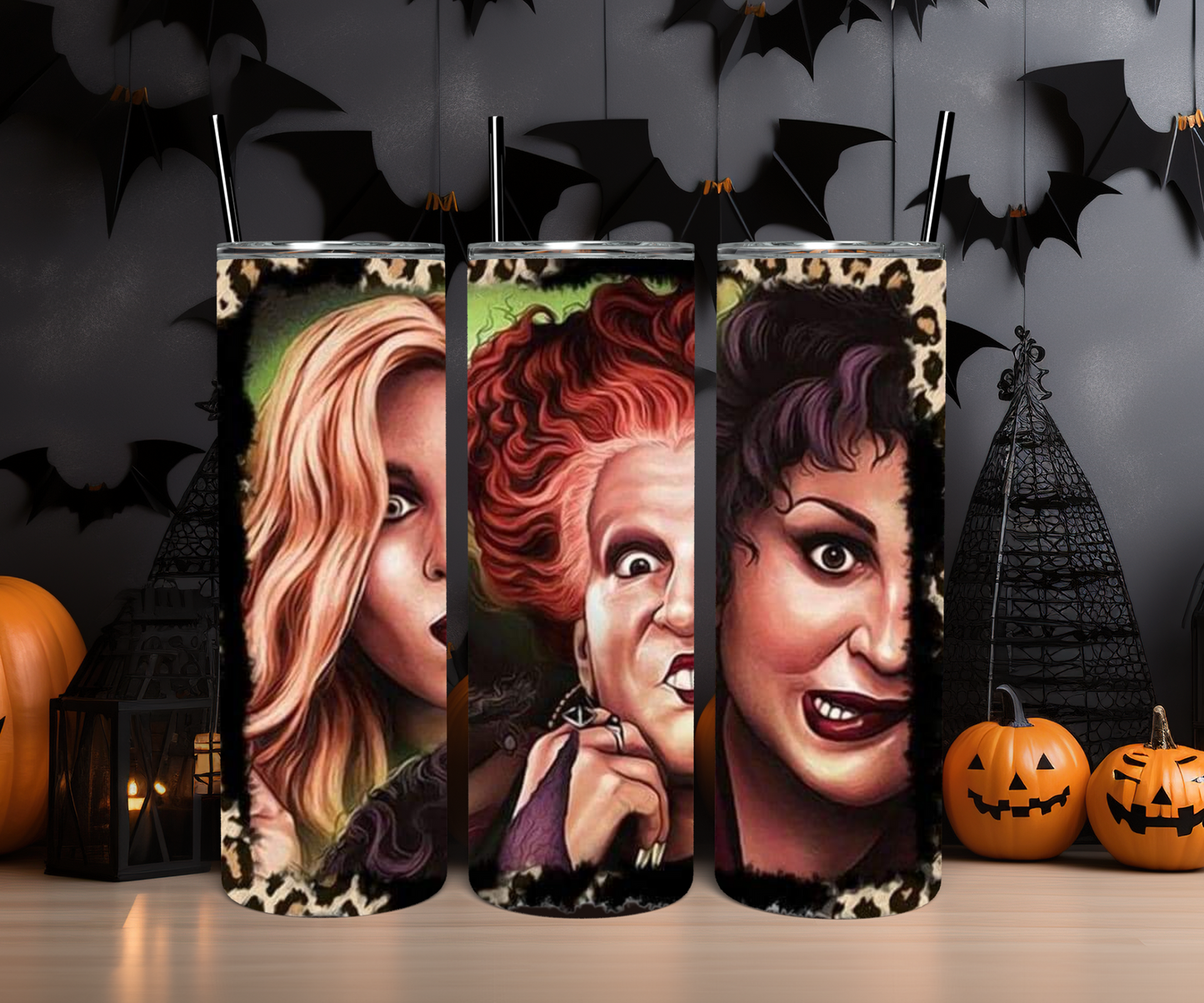 Leopard print Halloween tumbler featuring three witches, vibrant witch design on stainless steel tumbler, bold leopard print and spooky Halloween vibes on 20oz tumbler, double-wall insulated witch tumbler with fierce fashion and magical imagery