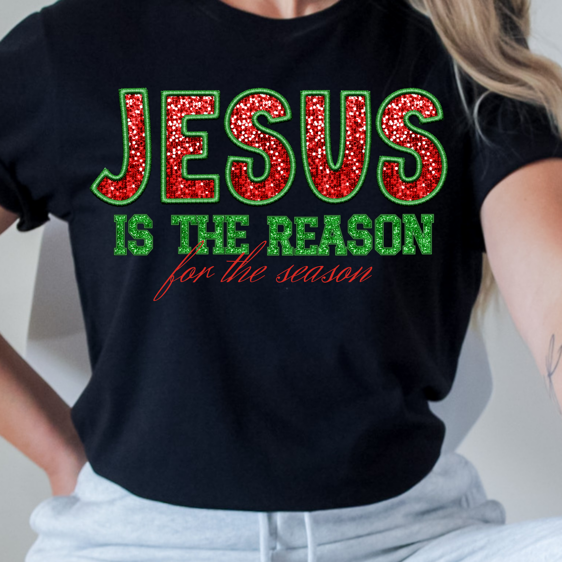 Faux Sequins Jesus Is The Reason For the Season Christmas Shirt 