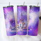 20oz Skinny Tumbler featuring a magical castle illustration with vibrant fireworks in a dreamy purple sky. Stainless steel tumbler with double-wall vacuum insulation, perfect for keeping drinks hot or cold. Includes spill-resistant lid and reusable straw. Ideal for Disney lovers, fantasy fans, and adding enchantment to your daily routine.