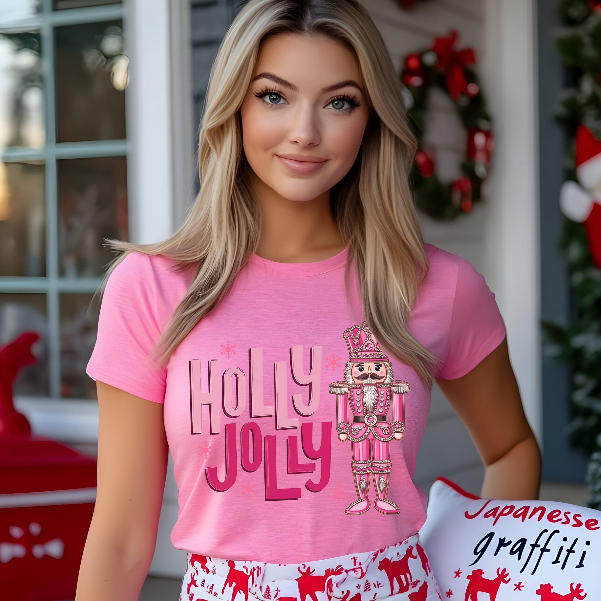 Woman wearing a Christmas shirt with pink "Holly Jolly" text and nutcracker design.