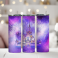 20oz Skinny Tumbler featuring a magical castle illustration with vibrant fireworks in a dreamy purple sky. Stainless steel tumbler with double-wall vacuum insulation, perfect for keeping drinks hot or cold. Includes spill-resistant lid and reusable straw. Ideal for Disney lovers, fantasy fans, and adding enchantment to your daily routine.