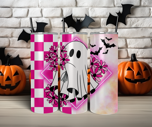 Checkered Cute Ghost and Daisy Halloween Tumbler