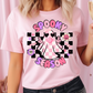 Spooky Season pastel pink checkered ghost Halloween shirt for women, featuring a cute ghost design on a trendy pink background. Fun and stylish Halloween tee.