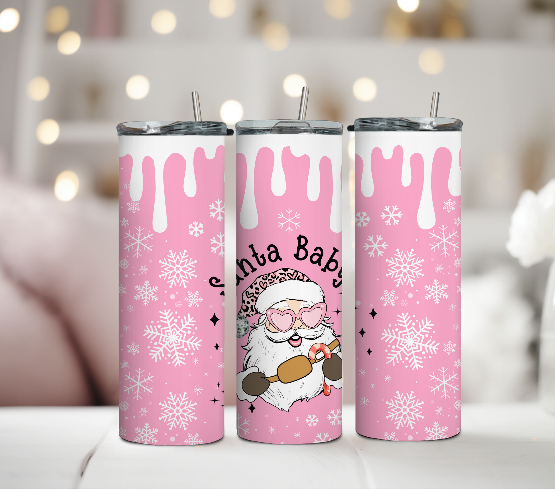 Pink Santa Baby tumbler with snowflakes, featuring a cute Santa wearing heart-shaped sunglasses and a leopard print hat, 20oz insulated cup with metal straw, perfect for Christmas gifts and seasonal drinks.