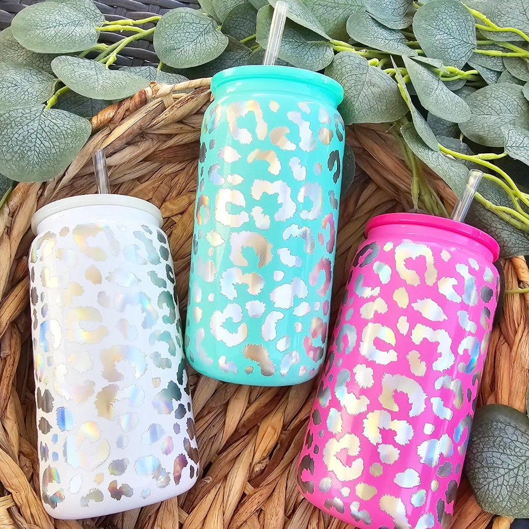 Holographic Leopard Print Can Glass