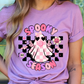 Spooky Season pastel pink checkered ghost Halloween shirt for women, featuring a cute ghost design on a trendy pink background. Fun and stylish Halloween tee.