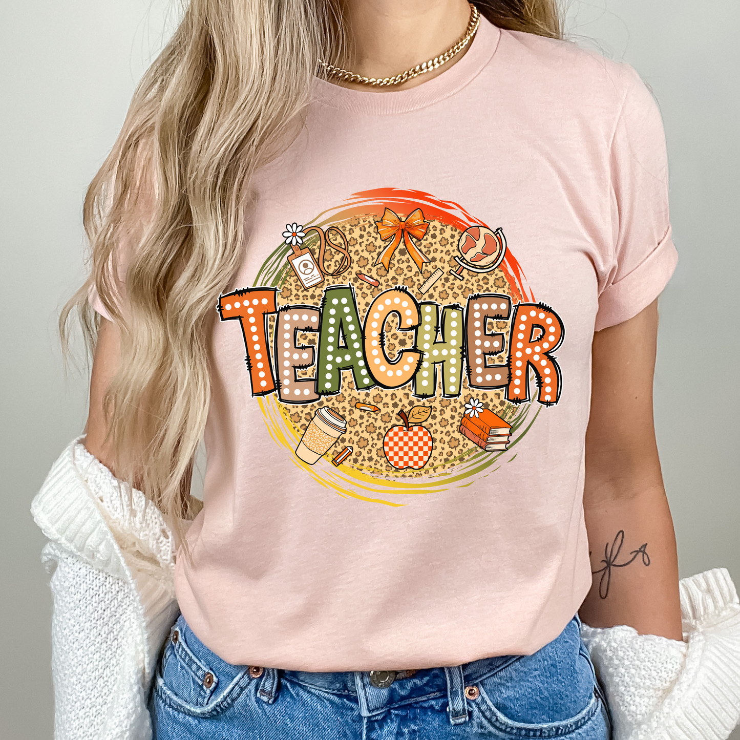 Teacher fall retro coquette unisex shirt featuring a cute autumn graphic design. Soft cotton blend material, perfect for educators to wear during the fall season.