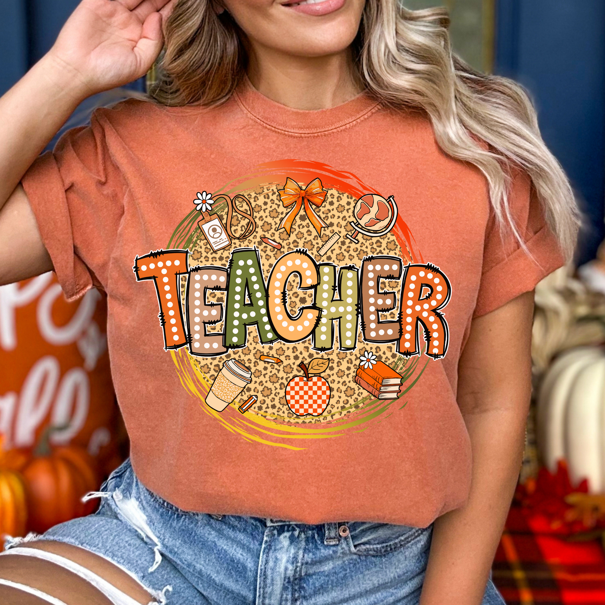 Teacher fall retro coquette unisex shirt featuring a cute autumn graphic design. Soft cotton blend material, perfect for educators to wear during the fall season.