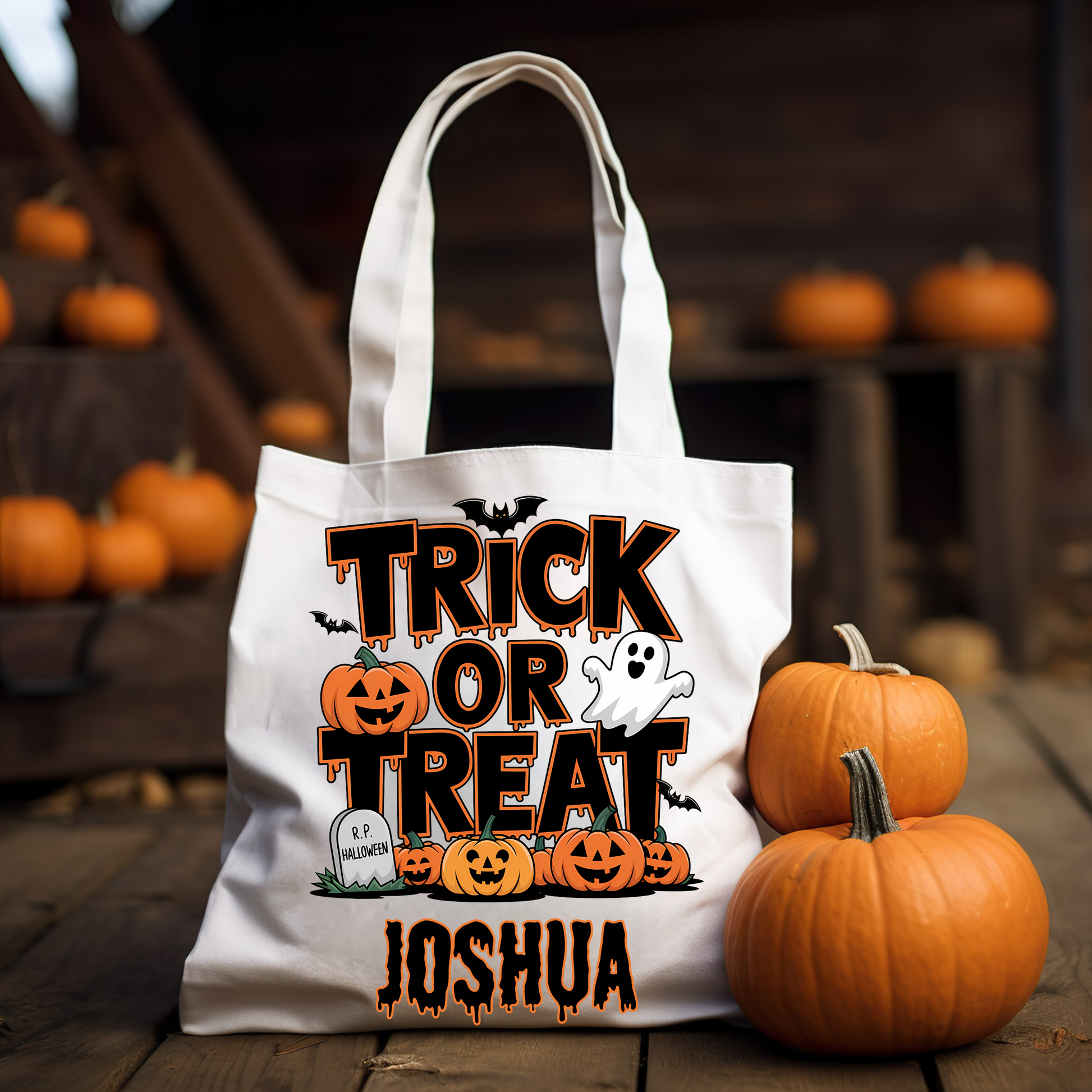 Personalized trick-or-treat pumpkin tote bag featuring a vibrant pumpkin design, perfect for Halloween, with customizable name option for kids.