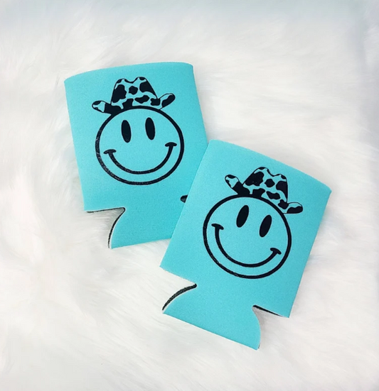 Cow Print Hat Happy Face Can Coolers