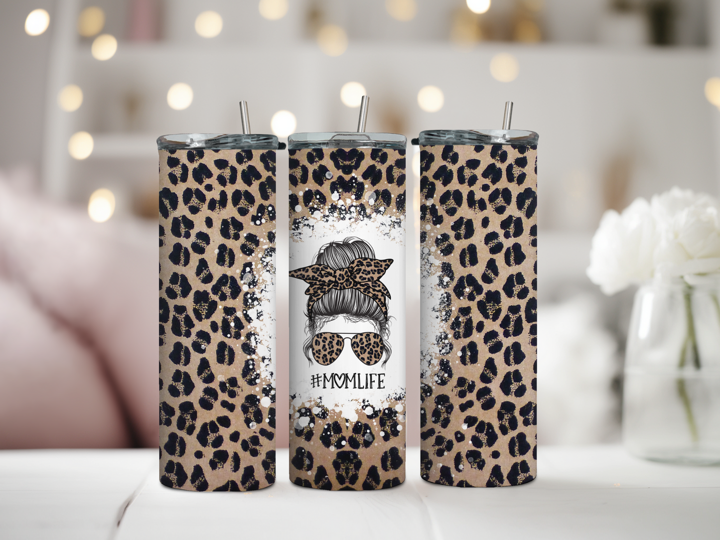 Vaso Mom Life con estampado de leopardo